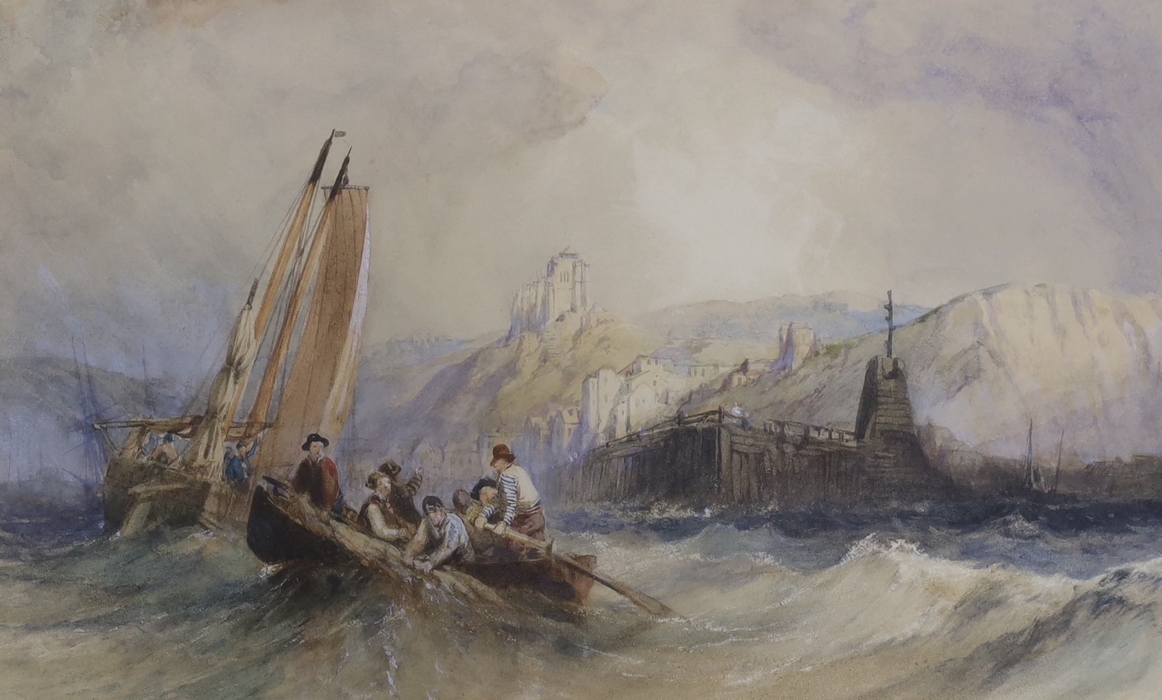 Attributed to William Clarkson Stanfield RA (1793-1867), watercolour, 'Shipping off Yorkshire Coast', 23 x 37.5cm